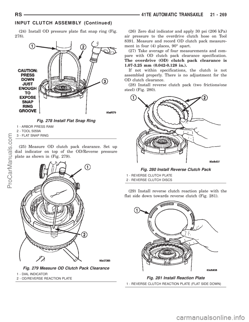 DODGE TOWN AND COUNTRY 2002  Service Manual (24) Install OD pressure plate flat snap ring (Fig.
278).
(25) Measure OD clutch pack clearance. Set up
dial indicator on top of the OD/Reverse pressure
plate as shown in (Fig. 279).(26) Zero dial ind
