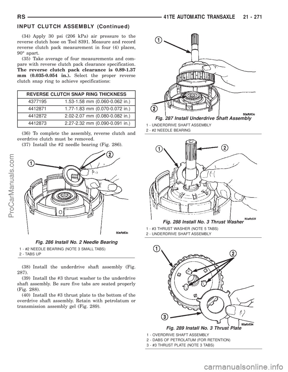 DODGE TOWN AND COUNTRY 2002  Service Manual (34) Apply 30 psi (206 kPa) air pressure to the
reverse clutch hose on Tool 8391. Measure and record
reverse clutch pack measurement in four (4) places,
90É apart.
(35) Take average of four measureme