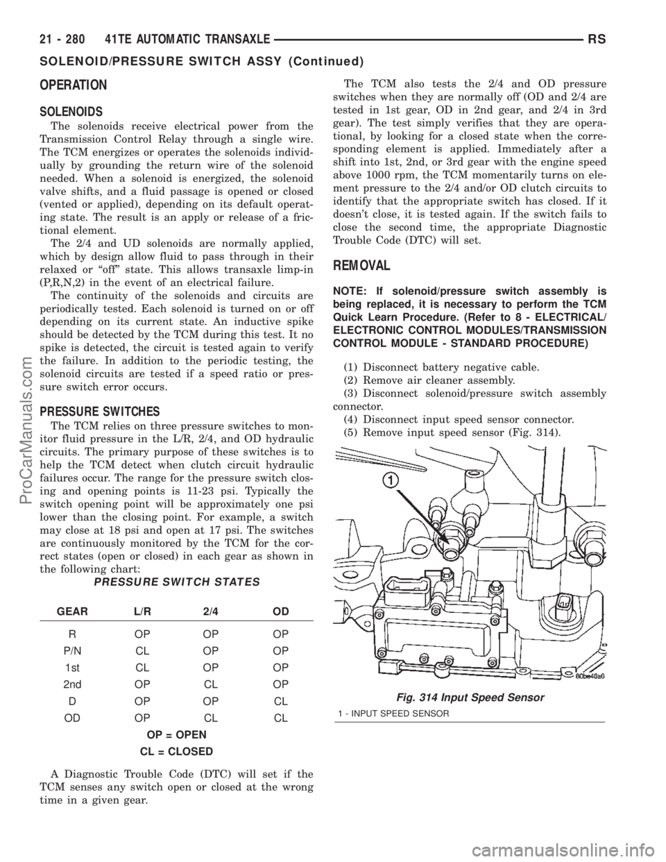 DODGE TOWN AND COUNTRY 2002  Service Manual OPERATION
SOLENOIDS
The solenoids receive electrical power from the
Transmission Control Relay through a single wire.
The TCM energizes or operates the solenoids individ-
ually by grounding the return