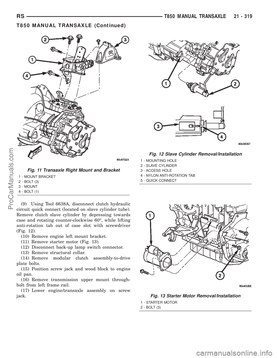 DODGE TOWN AND COUNTRY 2002  Service Manual (9) Using Tool 6638A, disconnect clutch hydraulic
circuit quick connect (located on slave cylinder tube).
Remove clutch slave cylinder by depressing towards
case and rotating counter-clockwise 60É, w