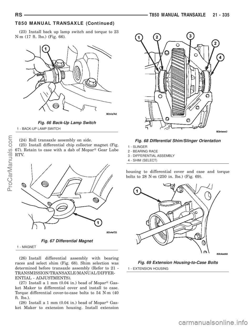 DODGE TOWN AND COUNTRY 2002  Service Manual (23) Install back up lamp switch and torque to 23
N´m (17 ft. lbs.) (Fig. 66).
(24) Roll transaxle assembly on side.
(25) Install differential chip collector magnet (Fig.
67). Retain to case with a d