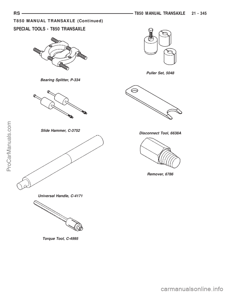 DODGE TOWN AND COUNTRY 2002  Service Manual SPECIAL TOOLS - T850 TRANSAXLE
Bearing Splitter, P-334
Slide Hammer, C-3752
Universal Handle, C-4171
Torque Tool, C-4995
Puller Set, 5048
Disconnect Tool, 6638A
Remover, 6786
RST850 MANUAL TRANSAXLE21