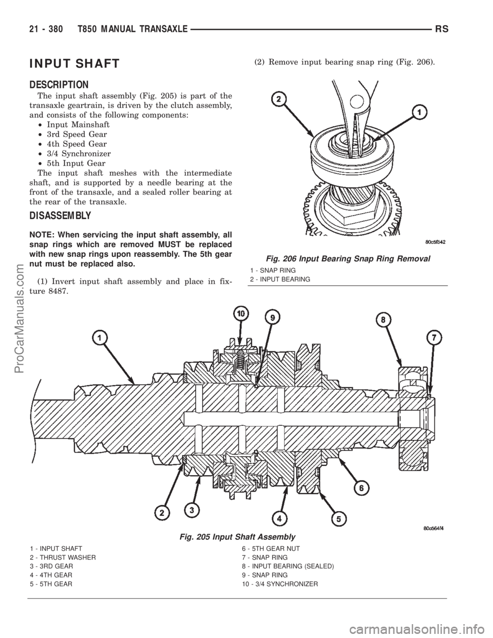 DODGE TOWN AND COUNTRY 2002  Service Manual INPUT SHAFT
DESCRIPTION
The input shaft assembly (Fig. 205) is part of the
transaxle geartrain, is driven by the clutch assembly,
and consists of the following components:
²Input Mainshaft
²3rd Spee