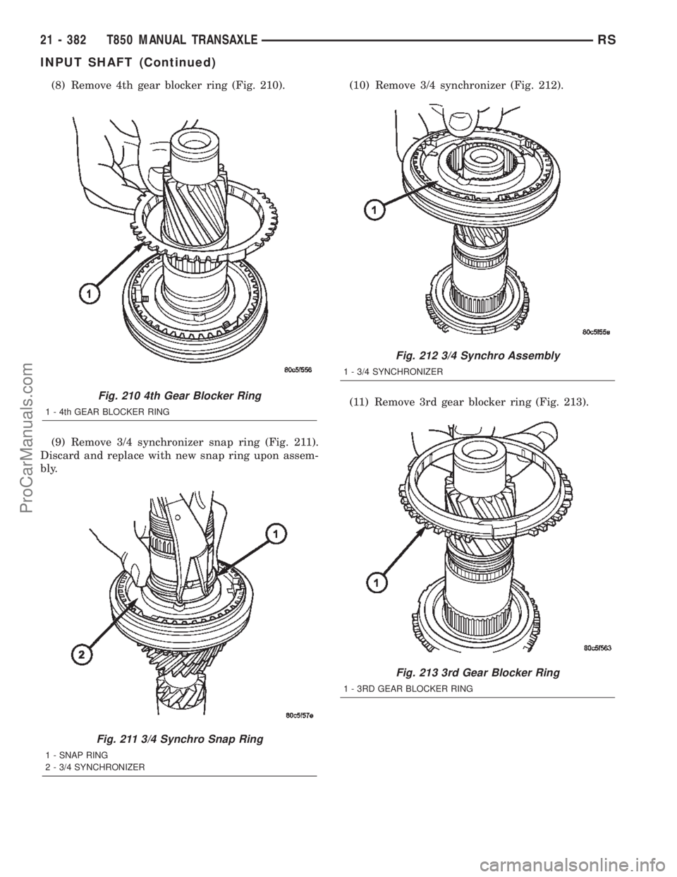 DODGE TOWN AND COUNTRY 2002  Service Manual (8) Remove 4th gear blocker ring (Fig. 210).
(9) Remove 3/4 synchronizer snap ring (Fig. 211).
Discard and replace with new snap ring upon assem-
bly.(10) Remove 3/4 synchronizer (Fig. 212).
(11) Remo