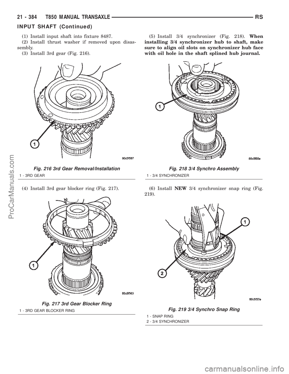 DODGE TOWN AND COUNTRY 2002  Service Manual (1) Install input shaft into fixture 8487.
(2) Install thrust washer if removed upon disas-
sembly.
(3) Install 3rd gear (Fig. 216).
(4) Install 3rd gear blocker ring (Fig. 217).(5) Install 3/4 synchr