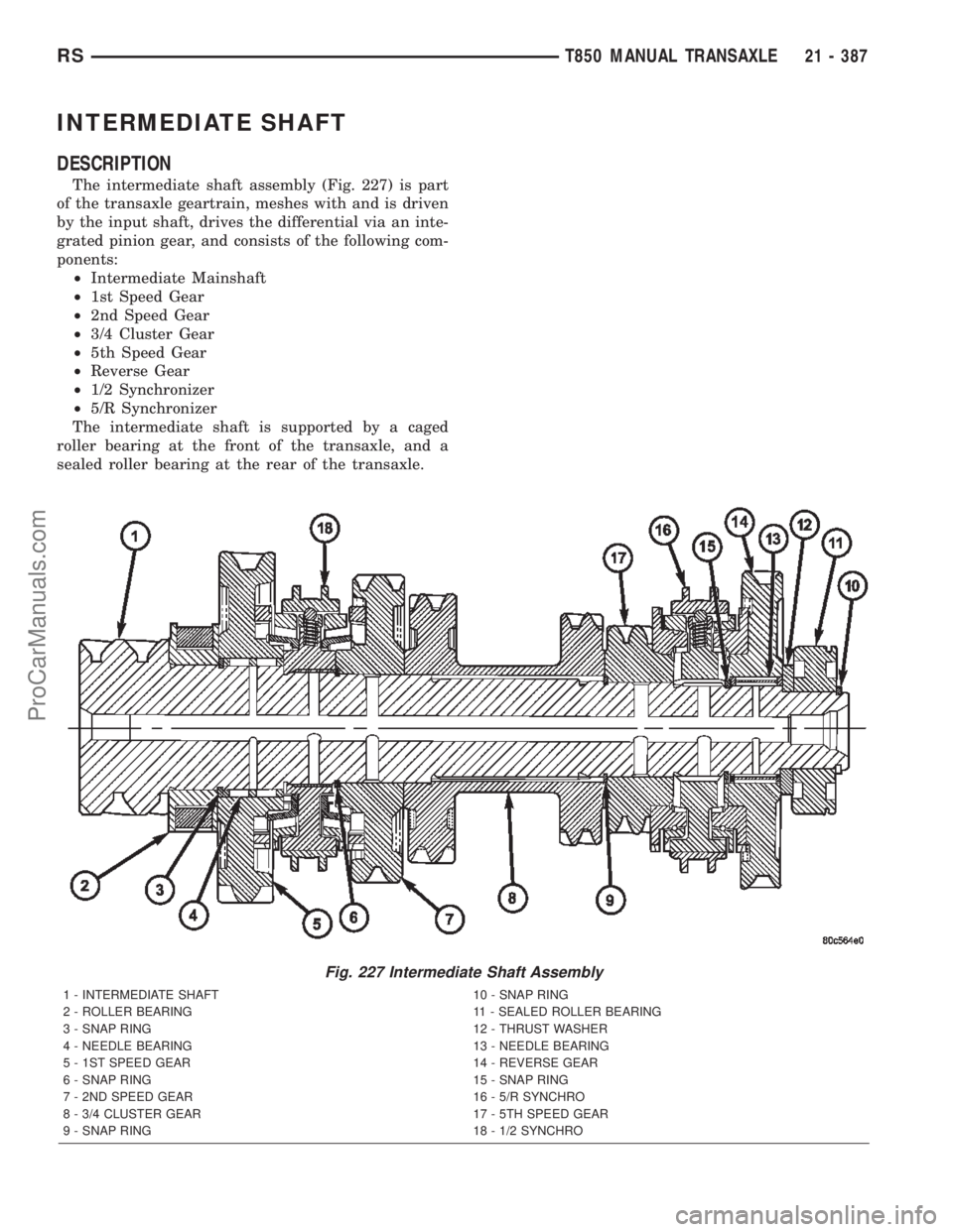 DODGE TOWN AND COUNTRY 2002  Service Manual INTERMEDIATE SHAFT
DESCRIPTION
The intermediate shaft assembly (Fig. 227) is part
of the transaxle geartrain, meshes with and is driven
by the input shaft, drives the differential via an inte-
grated 