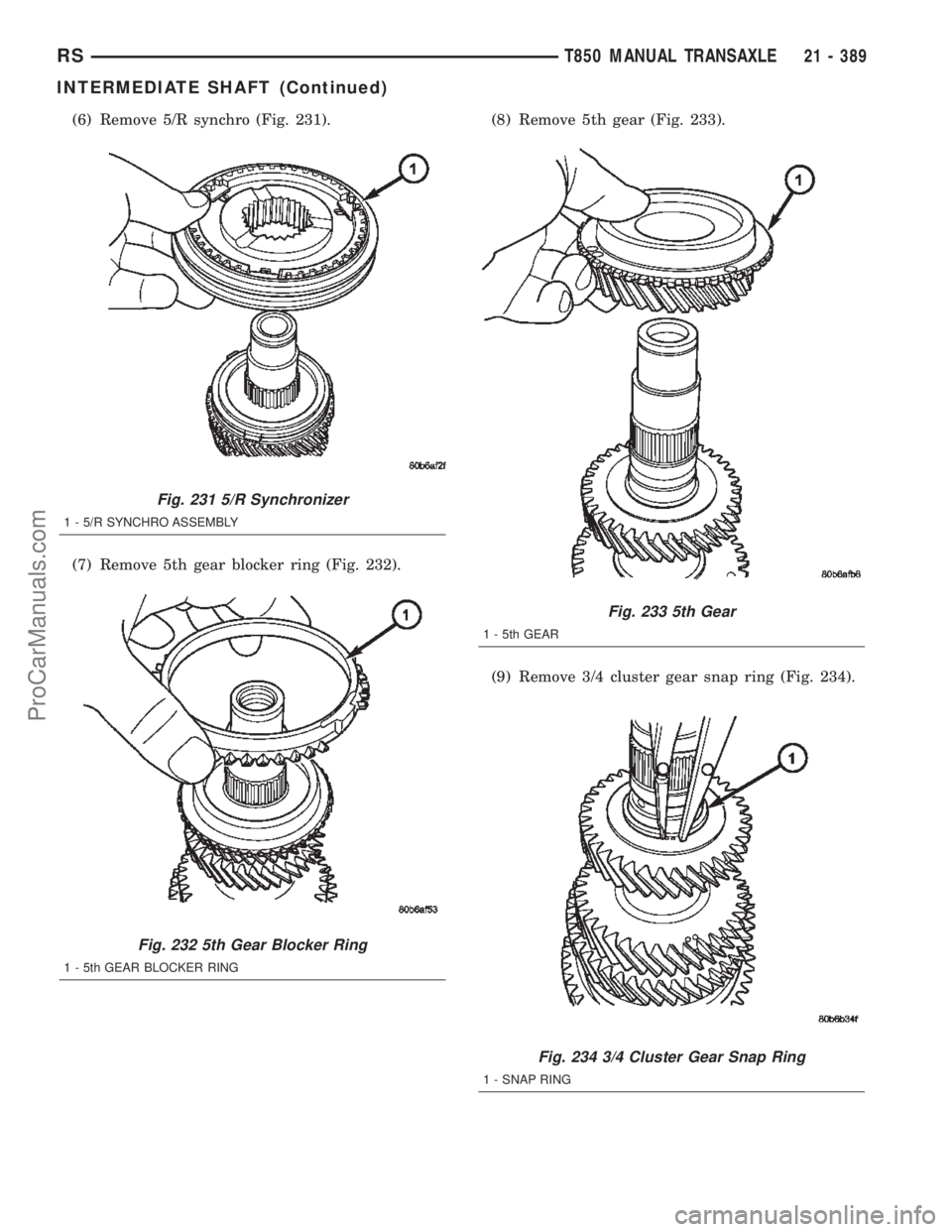 DODGE TOWN AND COUNTRY 2002  Service Manual (6) Remove 5/R synchro (Fig. 231).
(7) Remove 5th gear blocker ring (Fig. 232).(8) Remove 5th gear (Fig. 233).
(9) Remove 3/4 cluster gear snap ring (Fig. 234).
Fig. 231 5/R Synchronizer
1 - 5/R SYNCH