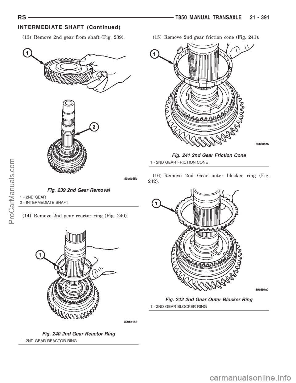 DODGE TOWN AND COUNTRY 2002  Service Manual (13) Remove 2nd gear from shaft (Fig. 239).
(14) Remove 2nd gear reactor ring (Fig. 240).(15) Remove 2nd gear friction cone (Fig. 241).
(16) Remove 2nd Gear outer blocker ring (Fig.
242).
Fig. 239 2nd