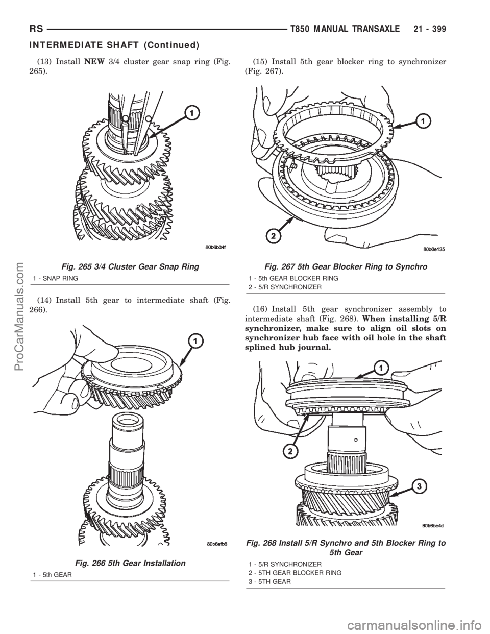 DODGE TOWN AND COUNTRY 2002  Service Manual (13) InstallNEW3/4 cluster gear snap ring (Fig.
265).
(14) Install 5th gear to intermediate shaft (Fig.
266).(15) Install 5th gear blocker ring to synchronizer
(Fig. 267).
(16) Install 5th gear synchr
