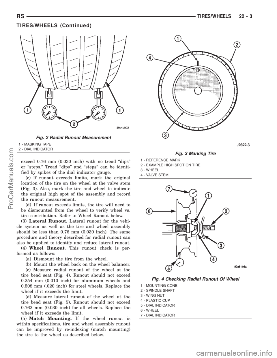 DODGE TOWN AND COUNTRY 2002  Service Manual exceed 0.76 mm (0.030 inch) with no tread ªdipsº
or ªsteps.º Tread ªdipsº and ªstepsº can be identi-
fied by spikes of the dial indicator gauge.
(c) If runout exceeds limits, mark the original