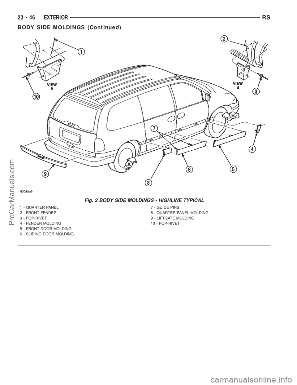 DODGE TOWN AND COUNTRY 2002  Service Manual Fig. 2 BODY SIDE MOLDINGS - HIGHLINE TYPICAL
1 - QUARTER PANEL
2 - FRONT FENDER
3 - POP-RIVET
4 - FENDER MOLDING
5 - FRONT DOOR MOLDING
6 - SLIDING DOOR MOLDING7 - GUIDE PINS
8 - QUARTER PANEL MOLDING