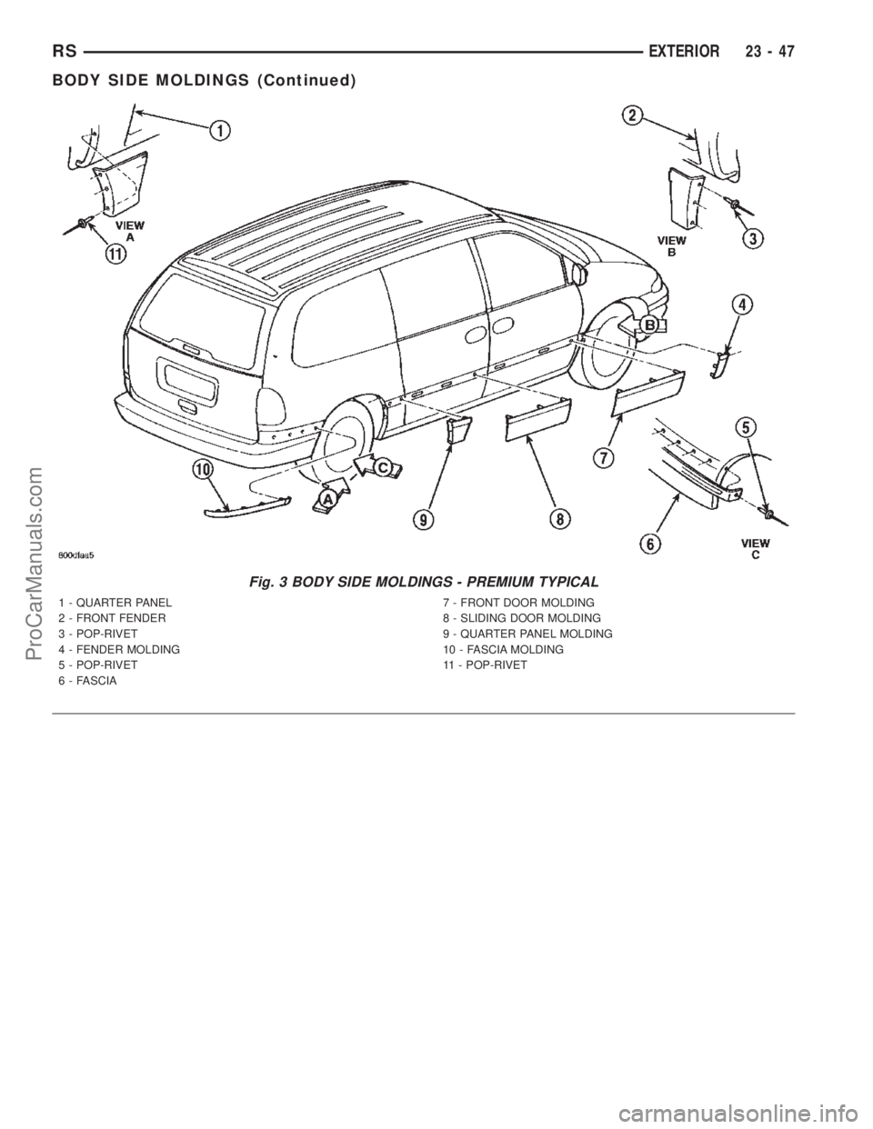 DODGE TOWN AND COUNTRY 2002  Service Manual Fig. 3 BODY SIDE MOLDINGS - PREMIUM TYPICAL
1 - QUARTER PANEL
2 - FRONT FENDER
3 - POP-RIVET
4 - FENDER MOLDING
5 - POP-RIVET
6 - FASCIA7 - FRONT DOOR MOLDING
8 - SLIDING DOOR MOLDING
9 - QUARTER PANE