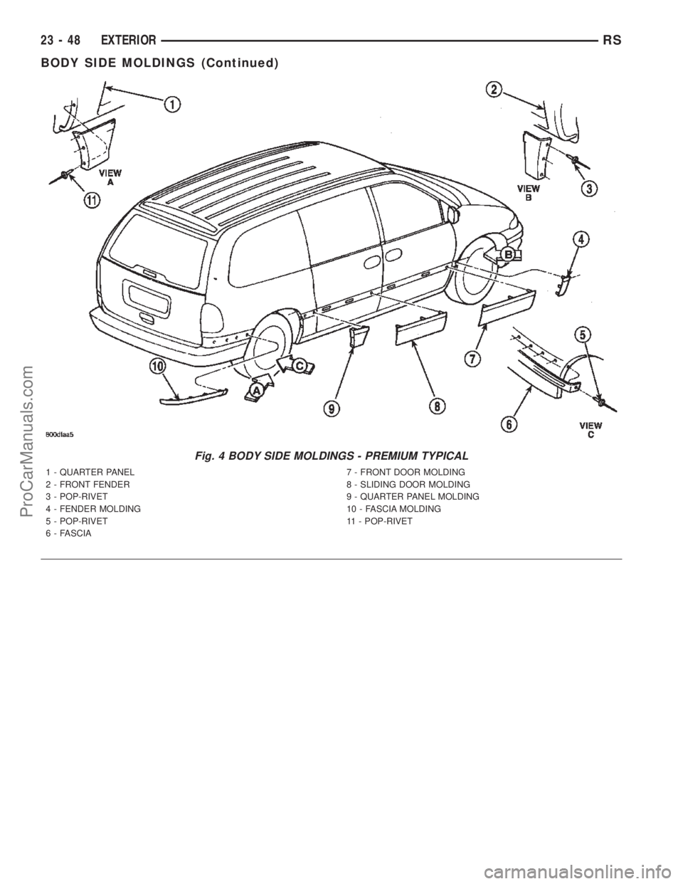 DODGE TOWN AND COUNTRY 2002  Service Manual Fig. 4 BODY SIDE MOLDINGS - PREMIUM TYPICAL
1 - QUARTER PANEL
2 - FRONT FENDER
3 - POP-RIVET
4 - FENDER MOLDING
5 - POP-RIVET
6 - FASCIA7 - FRONT DOOR MOLDING
8 - SLIDING DOOR MOLDING
9 - QUARTER PANE