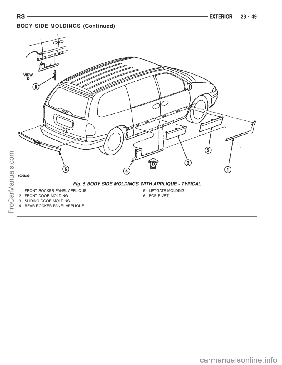 DODGE TOWN AND COUNTRY 2002  Service Manual Fig. 5 BODY SIDE MOLDINGS WITH APPLIQUE - TYPICAL
1 - FRONT ROCKER PANEL APPLIQUE
2 - FRONT DOOR MOLDING
3 - SLIDING DOOR MOLDING
4 - REAR ROCKER PANEL APPLIQUE5 - LIFTGATE MOLDING
6 - POP-RIVET
RSEXT