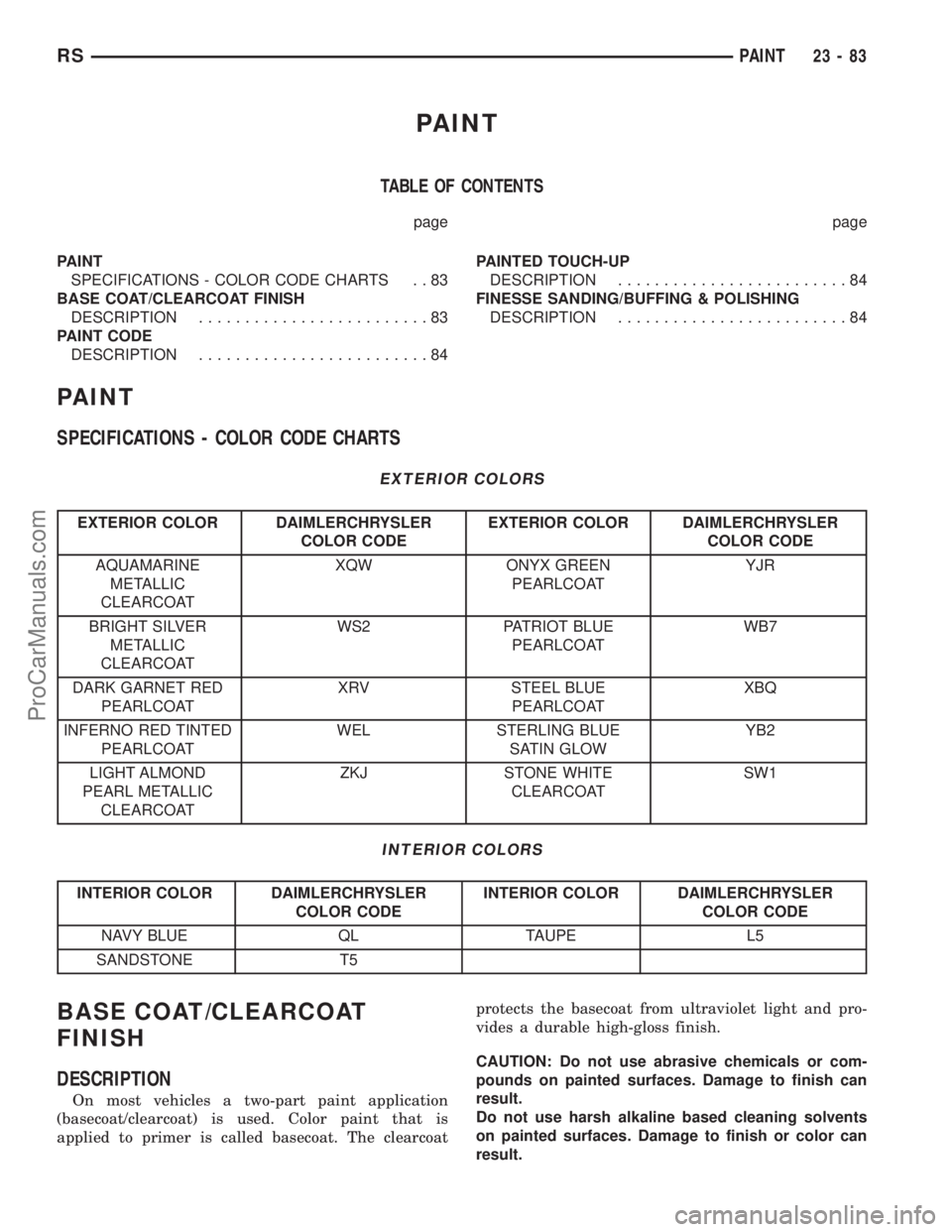 DODGE TOWN AND COUNTRY 2002  Service Manual PAINT
TABLE OF CONTENTS
page page
PAINT
SPECIFICATIONS - COLOR CODE CHARTS . . 83
BASE COAT/CLEARCOAT FINISH
DESCRIPTION.........................83
PAINT CODE
DESCRIPTION.........................84PAI
