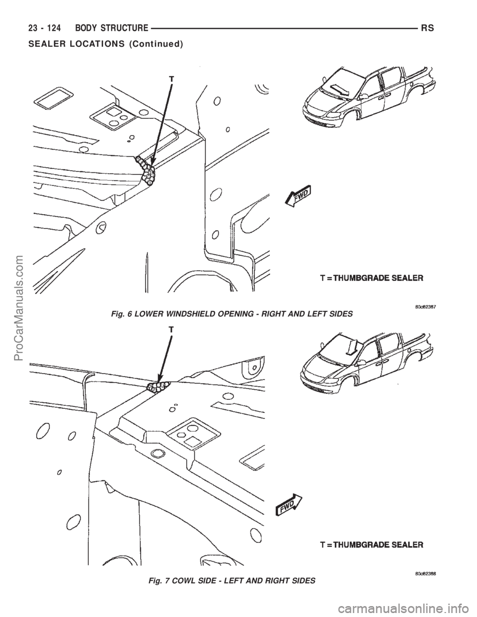 DODGE TOWN AND COUNTRY 2002  Service Manual Fig. 6 LOWER WINDSHIELD OPENING - RIGHT AND LEFT SIDES
Fig. 7 COWL SIDE - LEFT AND RIGHT SIDES
23 - 124 BODY STRUCTURERS
SEALER LOCATIONS (Continued)
ProCarManuals.com 