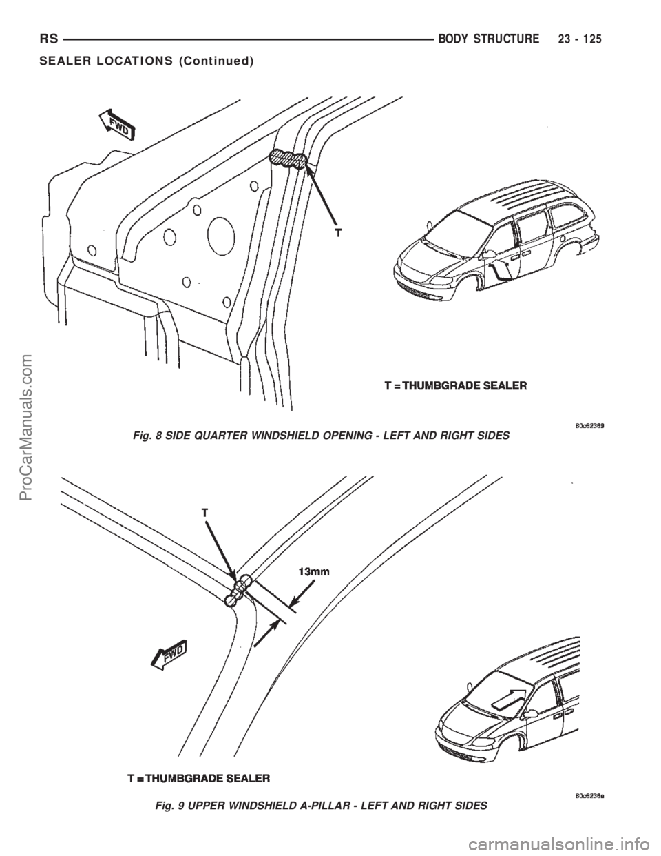 DODGE TOWN AND COUNTRY 2002  Service Manual Fig. 8 SIDE QUARTER WINDSHIELD OPENING - LEFT AND RIGHT SIDES
Fig. 9 UPPER WINDSHIELD A-PILLAR - LEFT AND RIGHT SIDES
RSBODY STRUCTURE23 - 125
SEALER LOCATIONS (Continued)
ProCarManuals.com 