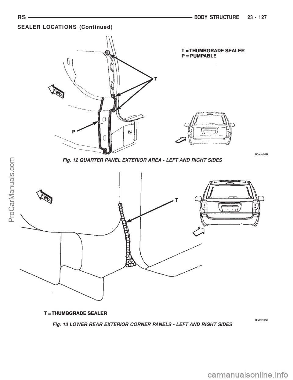 DODGE TOWN AND COUNTRY 2002  Service Manual Fig. 12 QUARTER PANEL EXTERIOR AREA - LEFT AND RIGHT SIDES
Fig. 13 LOWER REAR EXTERIOR CORNER PANELS - LEFT AND RIGHT SIDES
RSBODY STRUCTURE23 - 127
SEALER LOCATIONS (Continued)
ProCarManuals.com 