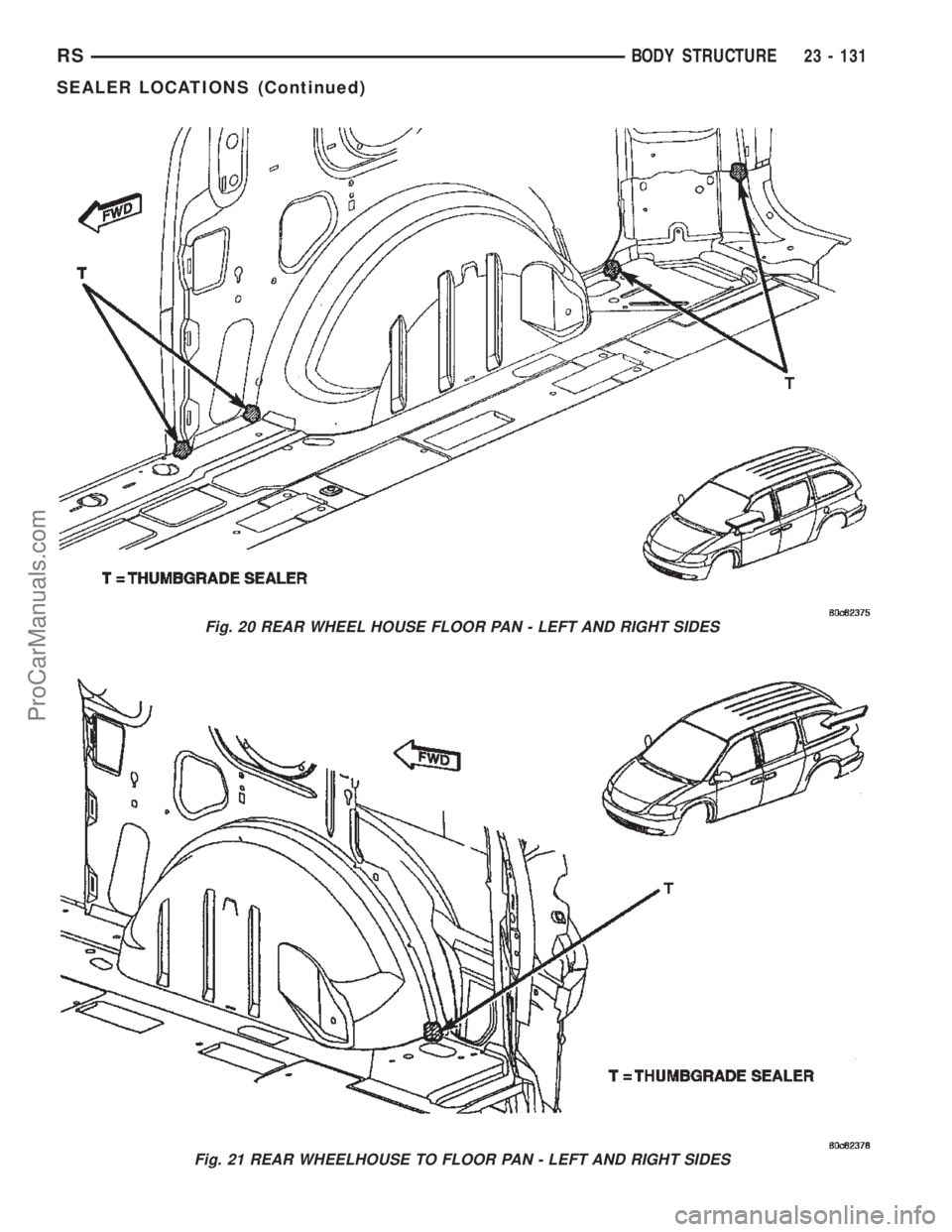 DODGE TOWN AND COUNTRY 2002  Service Manual Fig. 20 REAR WHEEL HOUSE FLOOR PAN - LEFT AND RIGHT SIDES
Fig. 21 REAR WHEELHOUSE TO FLOOR PAN - LEFT AND RIGHT SIDES
RSBODY STRUCTURE23 - 131
SEALER LOCATIONS (Continued)
ProCarManuals.com 