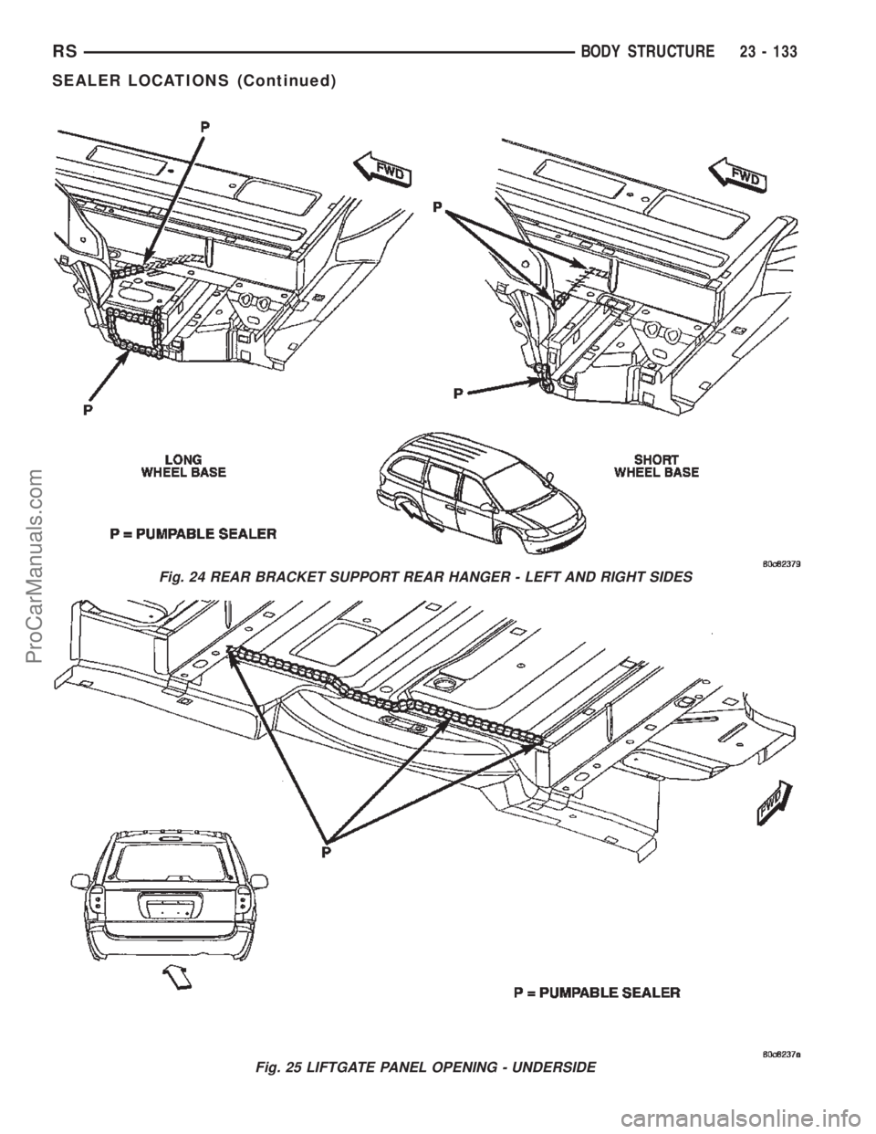 DODGE TOWN AND COUNTRY 2002  Service Manual Fig. 24 REAR BRACKET SUPPORT REAR HANGER - LEFT AND RIGHT SIDES
Fig. 25 LIFTGATE PANEL OPENING - UNDERSIDE
RSBODY STRUCTURE23 - 133
SEALER LOCATIONS (Continued)
ProCarManuals.com 