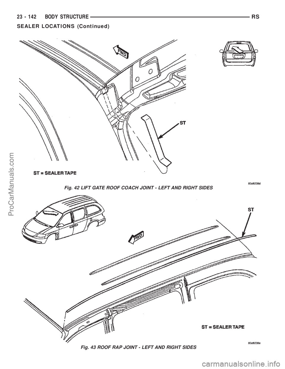 DODGE TOWN AND COUNTRY 2002  Service Manual Fig. 42 LIFT GATE ROOF COACH JOINT - LEFT AND RIGHT SIDES
Fig. 43 ROOF RAP JOINT - LEFT AND RIGHT SIDES
23 - 142 BODY STRUCTURERS
SEALER LOCATIONS (Continued)
ProCarManuals.com 