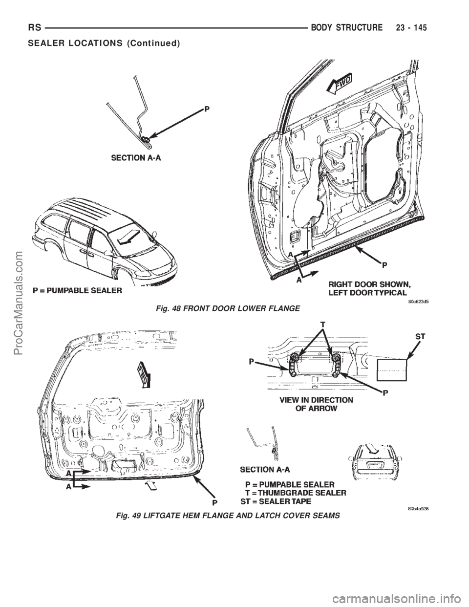 DODGE TOWN AND COUNTRY 2002  Service Manual Fig. 48 FRONT DOOR LOWER FLANGE
Fig. 49 LIFTGATE HEM FLANGE AND LATCH COVER SEAMS
RSBODY STRUCTURE23 - 145
SEALER LOCATIONS (Continued)
ProCarManuals.com 