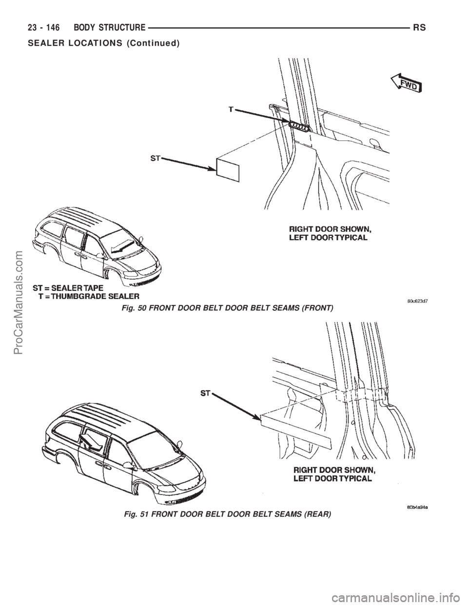 DODGE TOWN AND COUNTRY 2002  Service Manual Fig. 50 FRONT DOOR BELT DOOR BELT SEAMS (FRONT)
Fig. 51 FRONT DOOR BELT DOOR BELT SEAMS (REAR)
23 - 146 BODY STRUCTURERS
SEALER LOCATIONS (Continued)
ProCarManuals.com 