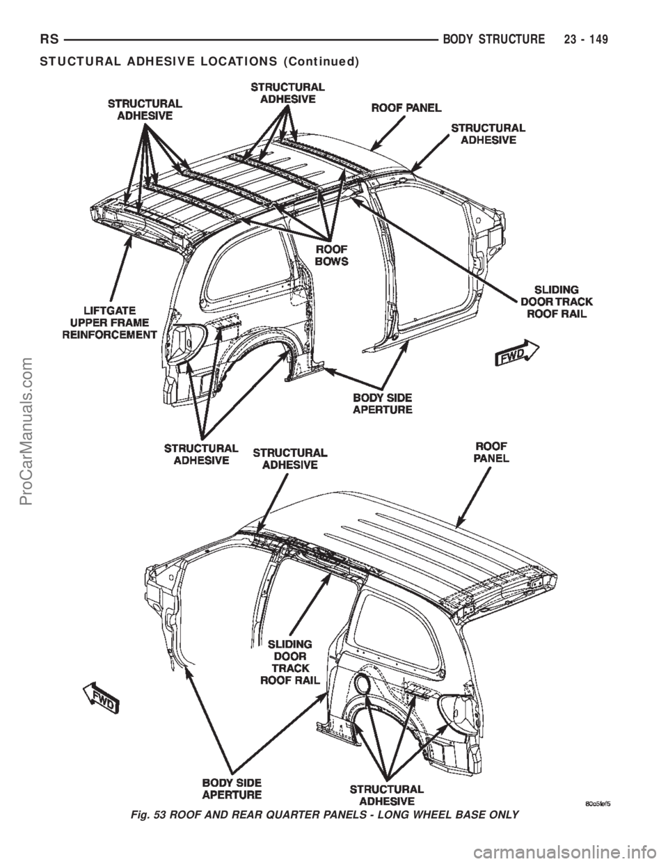 DODGE TOWN AND COUNTRY 2002  Service Manual Fig. 53 ROOF AND REAR QUARTER PANELS - LONG WHEEL BASE ONLY
RSBODY STRUCTURE23 - 149
STUCTURAL ADHESIVE LOCATIONS (Continued)
ProCarManuals.com 