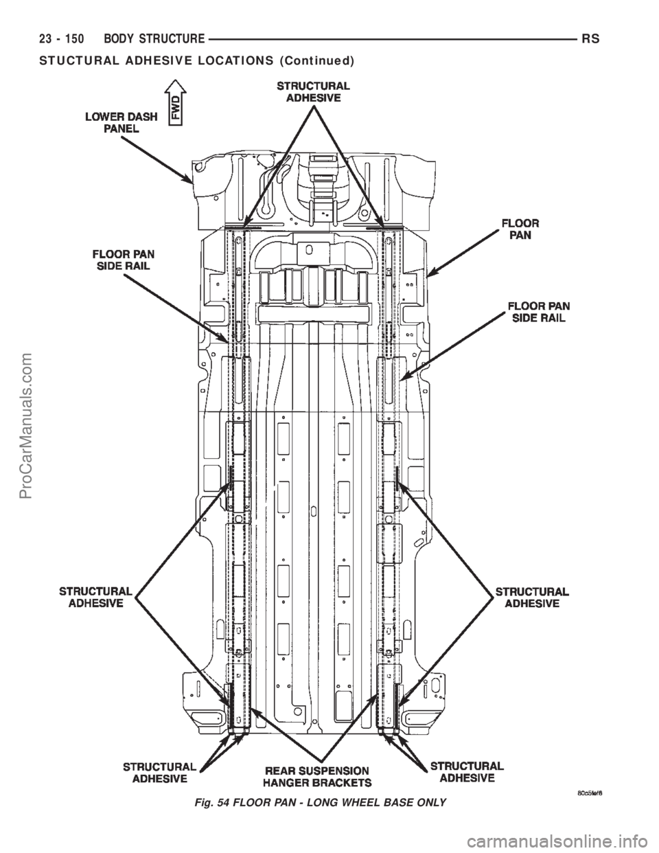 DODGE TOWN AND COUNTRY 2002  Service Manual Fig. 54 FLOOR PAN - LONG WHEEL BASE ONLY
23 - 150 BODY STRUCTURERS
STUCTURAL ADHESIVE LOCATIONS (Continued)
ProCarManuals.com 