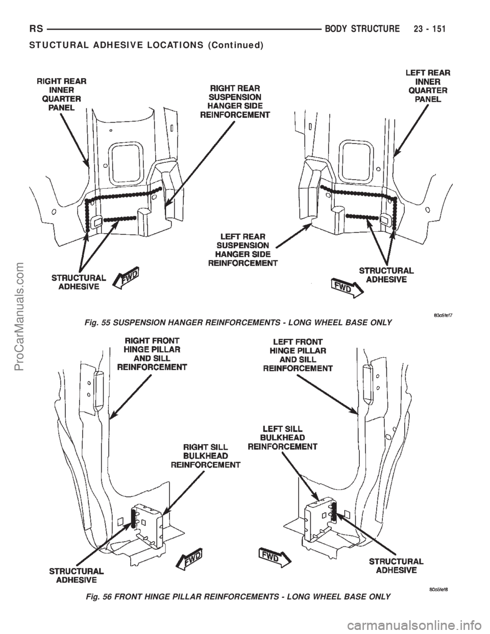 DODGE TOWN AND COUNTRY 2002  Service Manual Fig. 55 SUSPENSION HANGER REINFORCEMENTS - LONG WHEEL BASE ONLY
Fig. 56 FRONT HINGE PILLAR REINFORCEMENTS - LONG WHEEL BASE ONLY
RSBODY STRUCTURE23 - 151
STUCTURAL ADHESIVE LOCATIONS (Continued)
ProCa