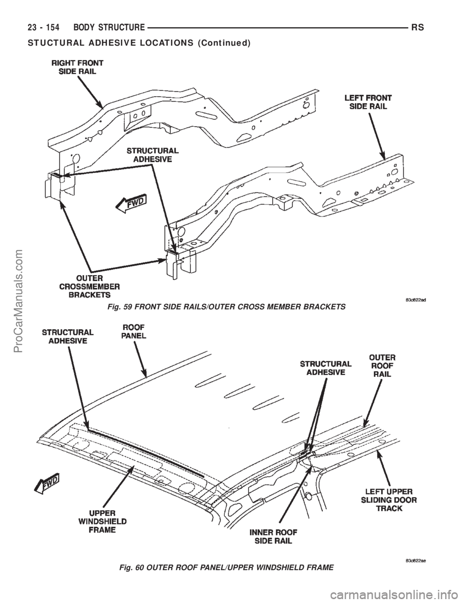 DODGE TOWN AND COUNTRY 2002  Service Manual Fig. 59 FRONT SIDE RAILS/OUTER CROSS MEMBER BRACKETS
Fig. 60 OUTER ROOF PANEL/UPPER WINDSHIELD FRAME
23 - 154 BODY STRUCTURERS
STUCTURAL ADHESIVE LOCATIONS (Continued)
ProCarManuals.com 