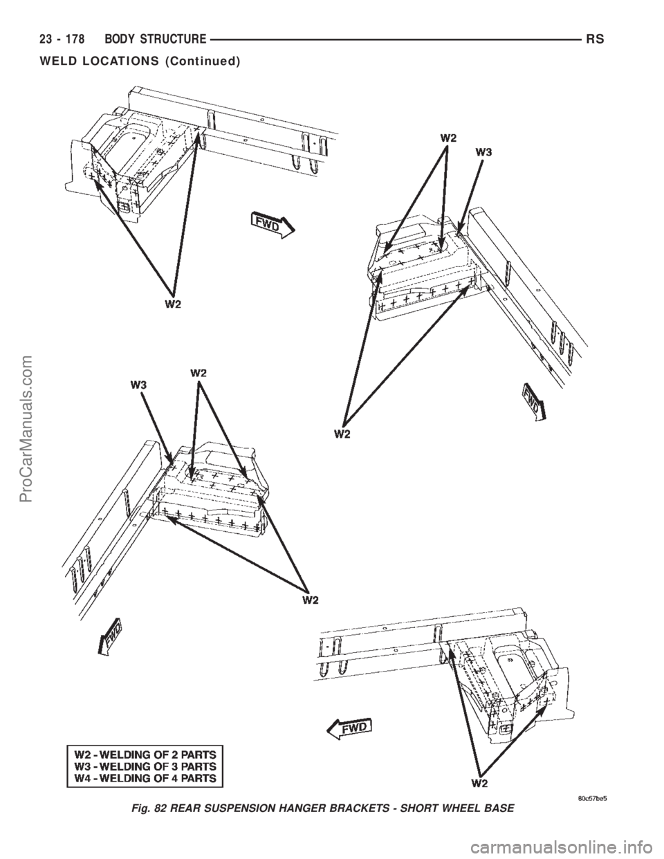 DODGE TOWN AND COUNTRY 2002  Service Manual Fig. 82 REAR SUSPENSION HANGER BRACKETS - SHORT WHEEL BASE
23 - 178 BODY STRUCTURERS
WELD LOCATIONS (Continued)
ProCarManuals.com 