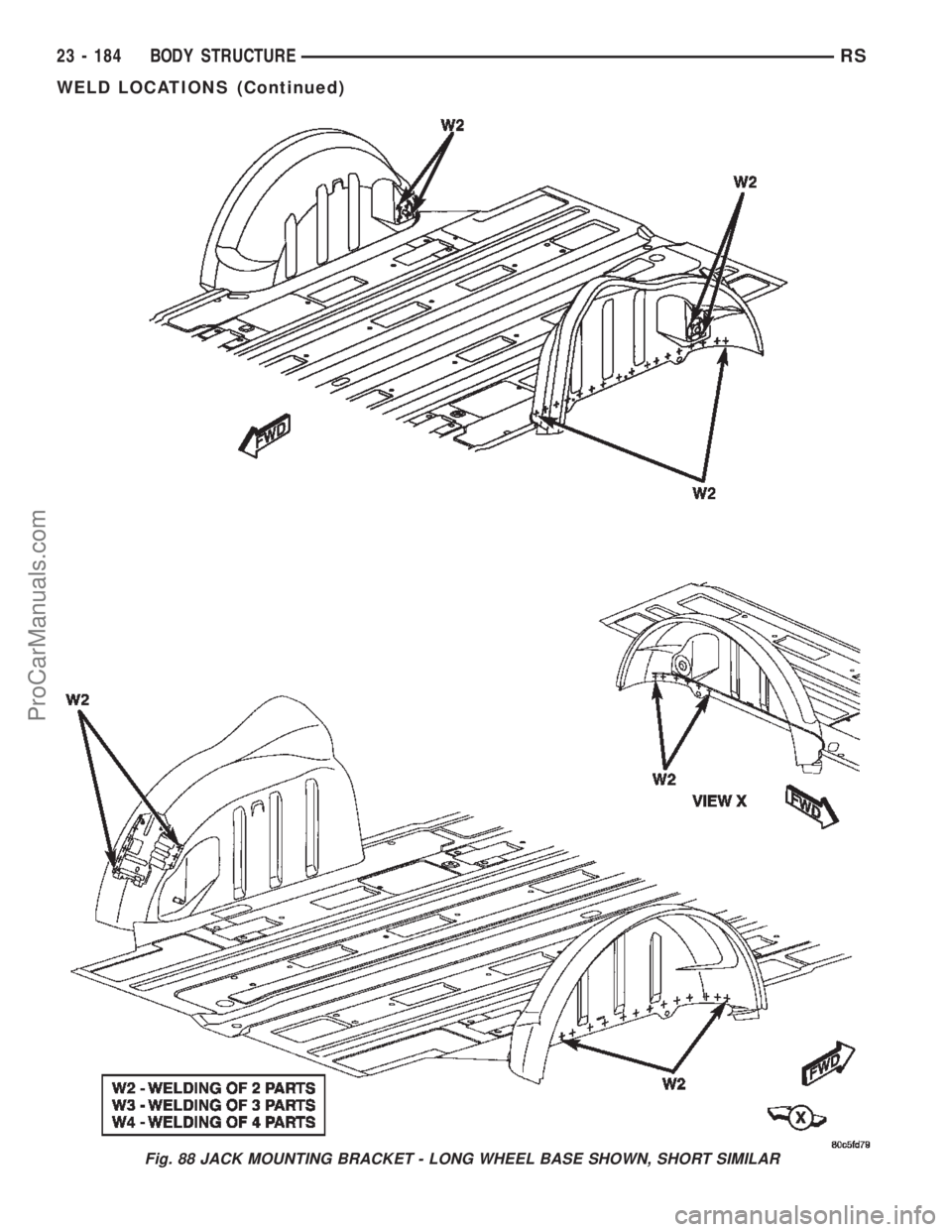 DODGE TOWN AND COUNTRY 2002  Service Manual Fig. 88 JACK MOUNTING BRACKET - LONG WHEEL BASE SHOWN, SHORT SIMILAR
23 - 184 BODY STRUCTURERS
WELD LOCATIONS (Continued)
ProCarManuals.com 