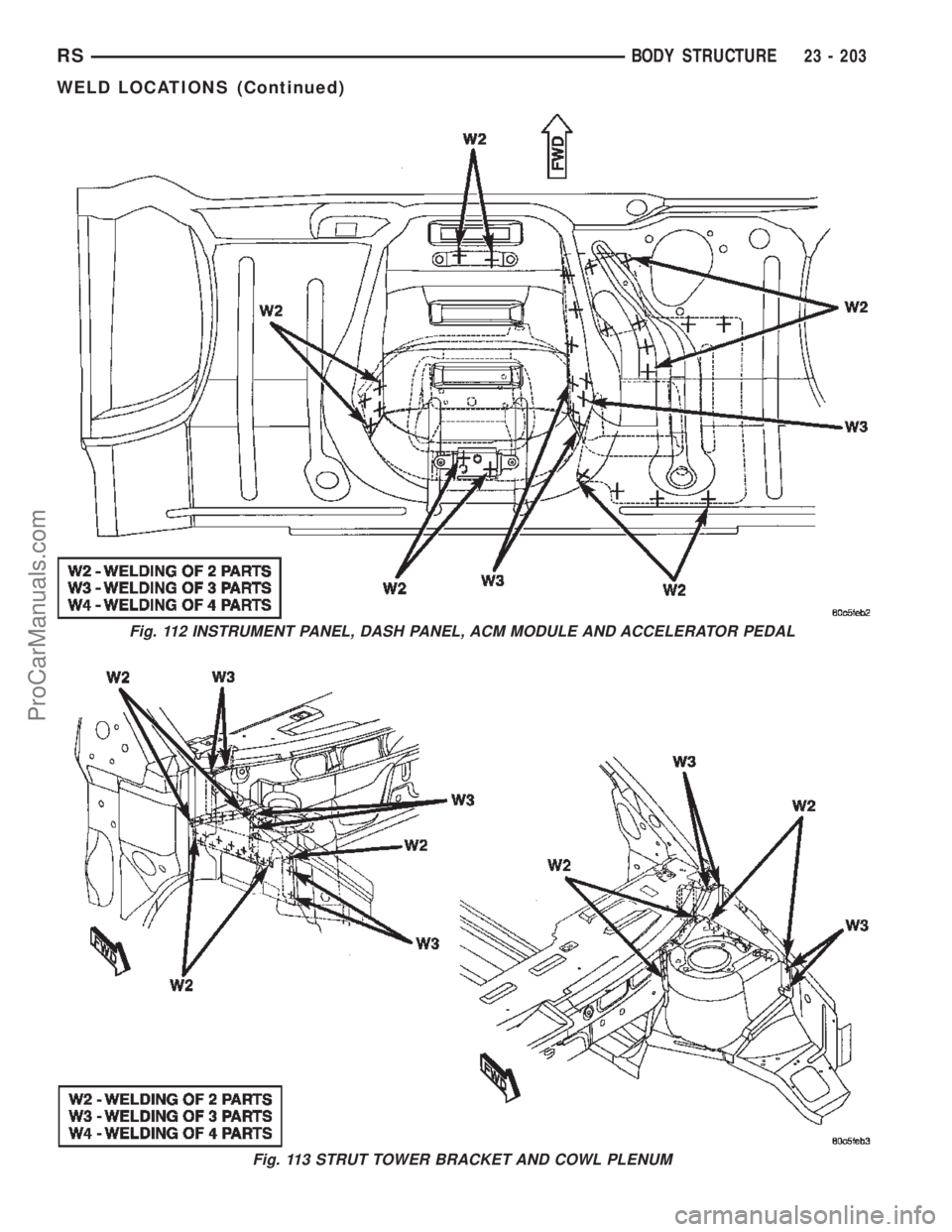 DODGE TOWN AND COUNTRY 2002  Service Manual Fig. 112 INSTRUMENT PANEL, DASH PANEL, ACM MODULE AND ACCELERATOR PEDAL
Fig. 113 STRUT TOWER BRACKET AND COWL PLENUM
RSBODY STRUCTURE23 - 203
WELD LOCATIONS (Continued)
ProCarManuals.com 