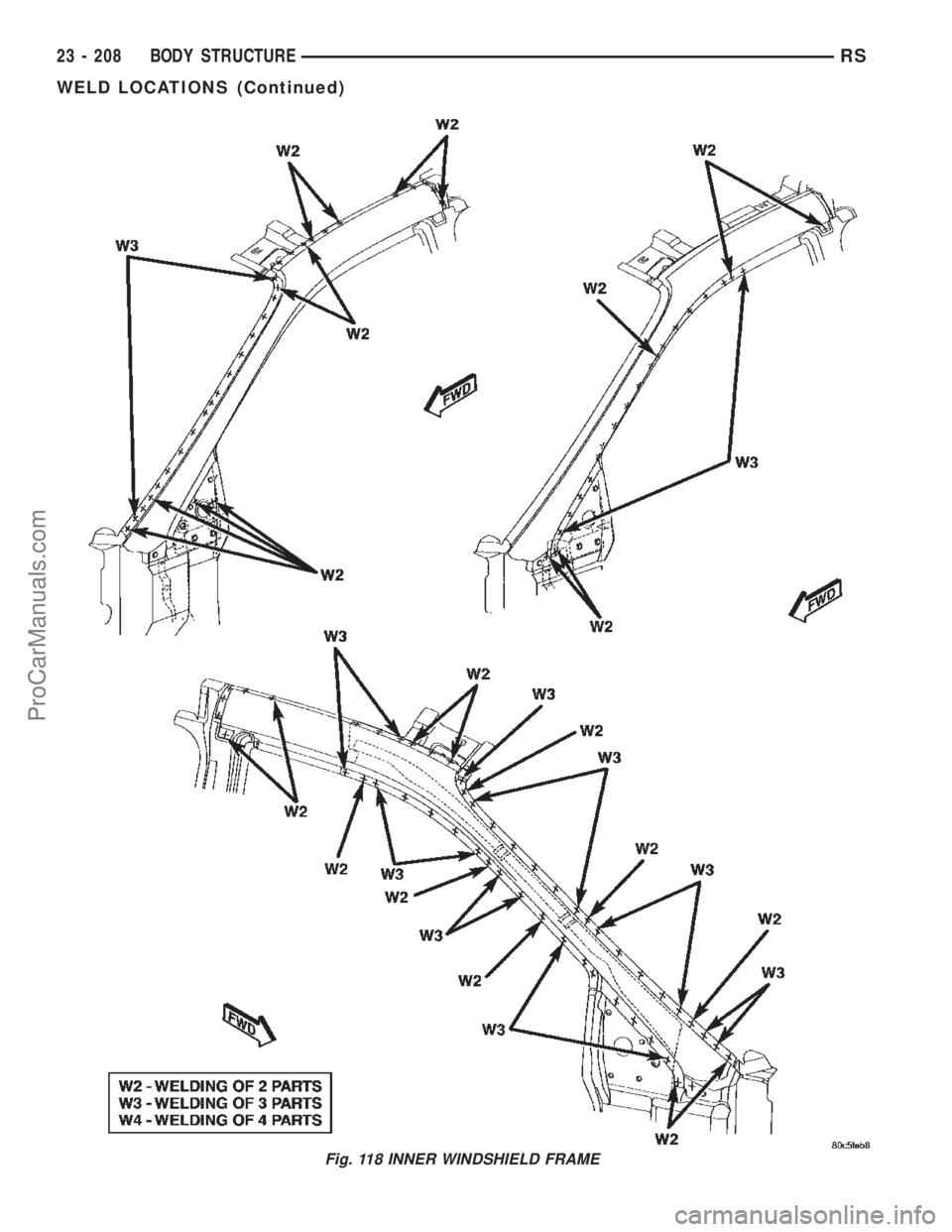DODGE TOWN AND COUNTRY 2002  Service Manual Fig. 118 INNER WINDSHIELD FRAME
23 - 208 BODY STRUCTURERS
WELD LOCATIONS (Continued)
ProCarManuals.com 