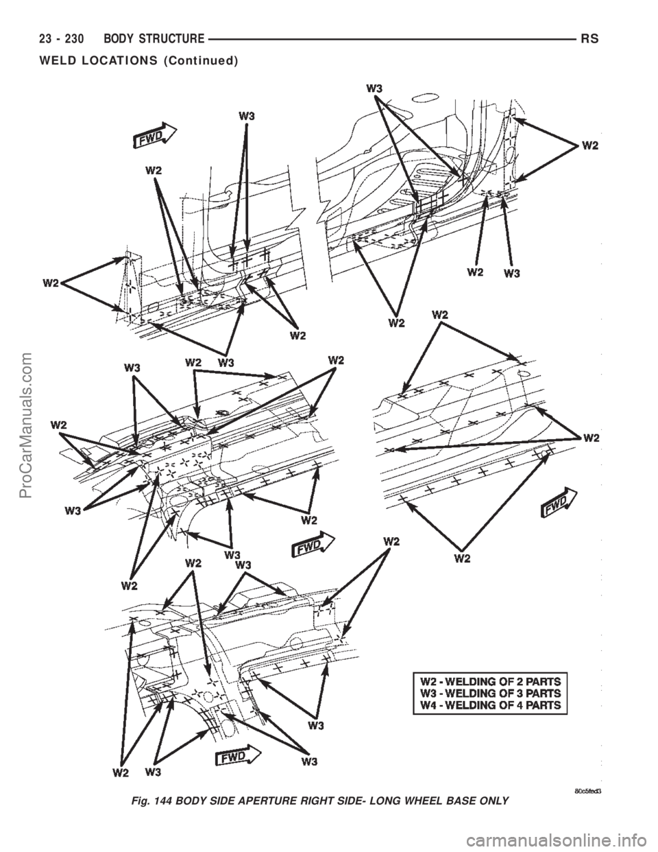 DODGE TOWN AND COUNTRY 2002  Service Manual Fig. 144 BODY SIDE APERTURE RIGHT SIDE- LONG WHEEL BASE ONLY
23 - 230 BODY STRUCTURERS
WELD LOCATIONS (Continued)
ProCarManuals.com 