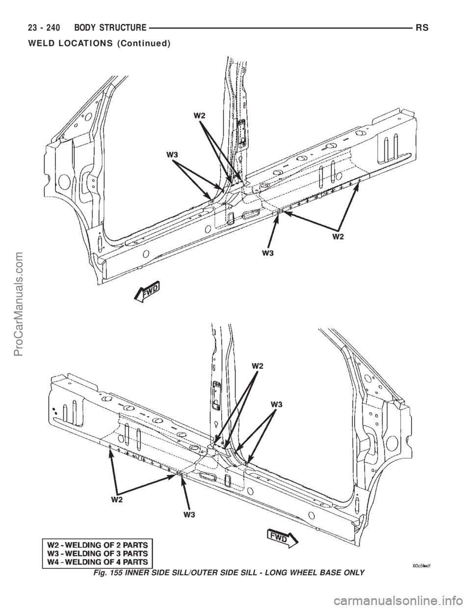 DODGE TOWN AND COUNTRY 2002  Service Manual Fig. 155 INNER SIDE SILL/OUTER SIDE SILL - LONG WHEEL BASE ONLY
23 - 240 BODY STRUCTURERS
WELD LOCATIONS (Continued)
ProCarManuals.com 
