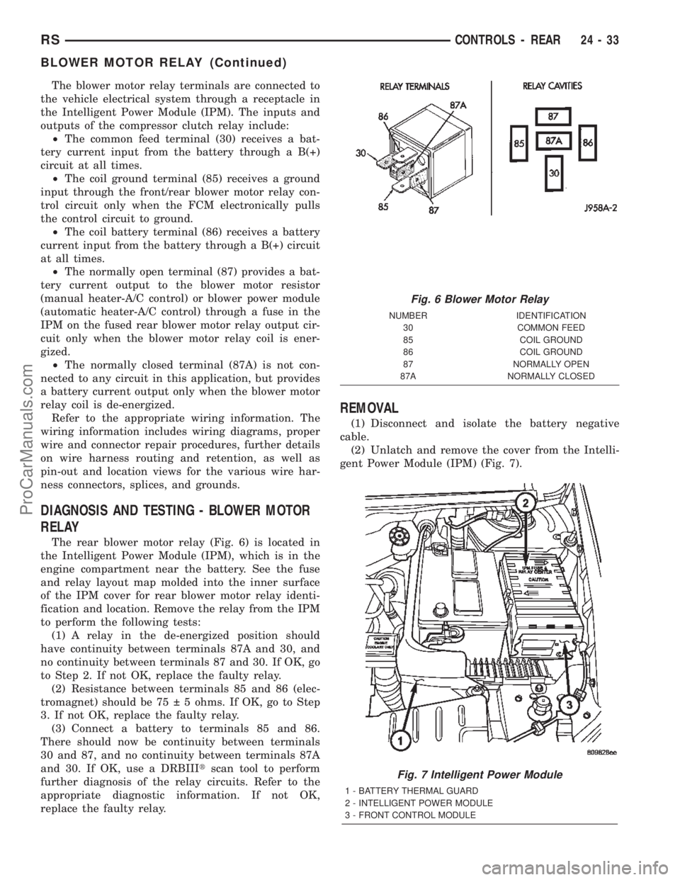 DODGE TOWN AND COUNTRY 2002  Service Manual The blower motor relay terminals are connected to
the vehicle electrical system through a receptacle in
the Intelligent Power Module (IPM). The inputs and
outputs of the compressor clutch relay includ
