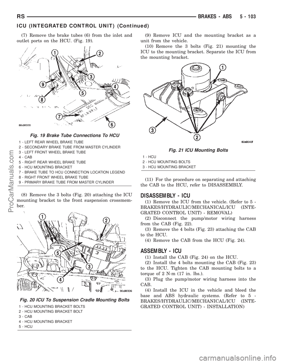 DODGE TOWN AND COUNTRY 2002  Service Manual (7) Remove the brake tubes (6) from the inlet and
outlet ports on the HCU. (Fig. 19).
(8) Remove the 3 bolts (Fig. 20) attaching the ICU
mounting bracket to the front suspension crossmem-
ber.(9) Remo