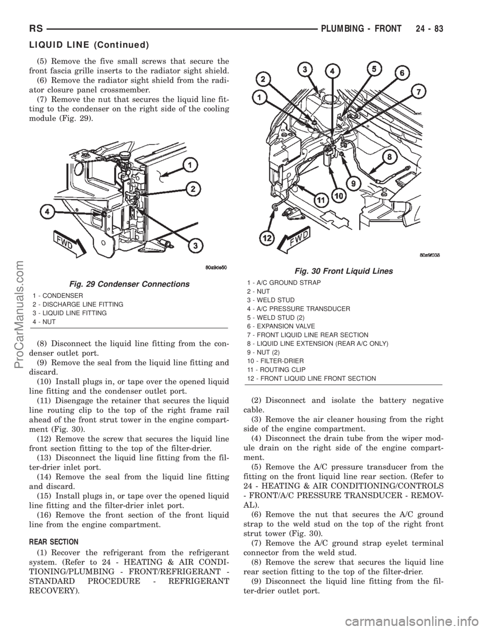 DODGE TOWN AND COUNTRY 2002  Service Manual (5) Remove the five small screws that secure the
front fascia grille inserts to the radiator sight shield.
(6) Remove the radiator sight shield from the radi-
ator closure panel crossmember.
(7) Remov