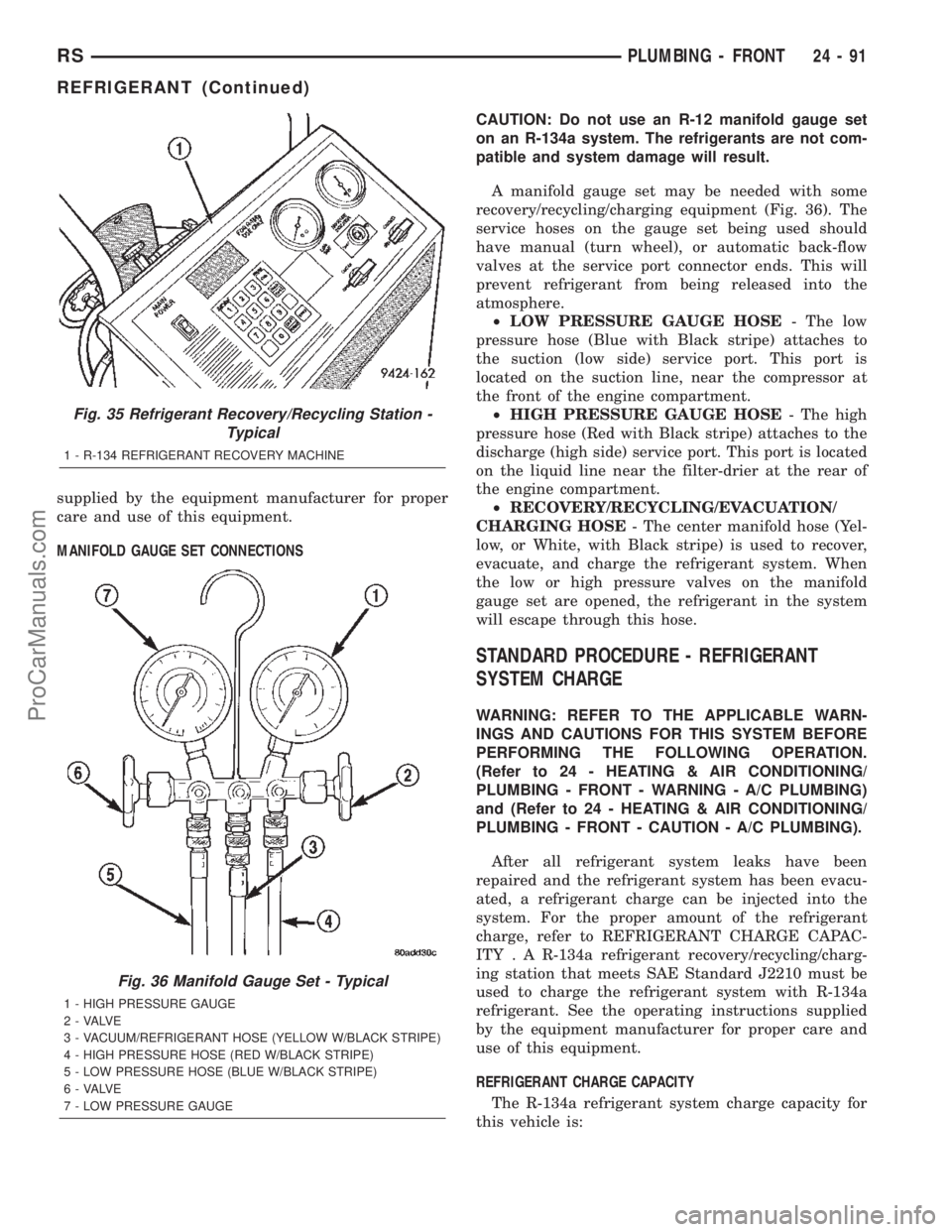 DODGE TOWN AND COUNTRY 2002  Service Manual supplied by the equipment manufacturer for proper
care and use of this equipment.
MANIFOLD GAUGE SET CONNECTIONSCAUTION: Do not use an R-12 manifold gauge set
on an R-134a system. The refrigerants are