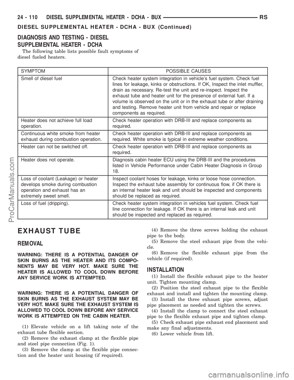 DODGE TOWN AND COUNTRY 2002  Service Manual DIAGNOSIS AND TESTING - DIESEL
SUPPLEMENTAL HEATER - DCHA
The following table lists possible fault symptoms of
diesel fueled heaters.
SYMPTOM POSSIBLE CAUSES
Smell of diesel fuel Check heater system i