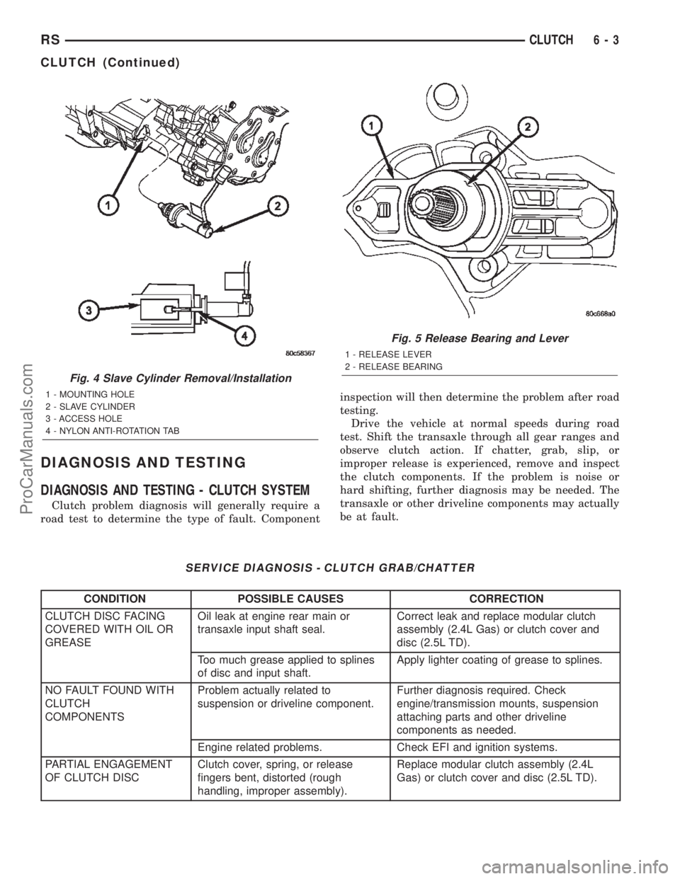 DODGE TOWN AND COUNTRY 2002  Service Manual DIAGNOSIS AND TESTING
DIAGNOSIS AND TESTING - CLUTCH SYSTEM
Clutch problem diagnosis will generally require a
road test to determine the type of fault. Componentinspection will then determine the prob