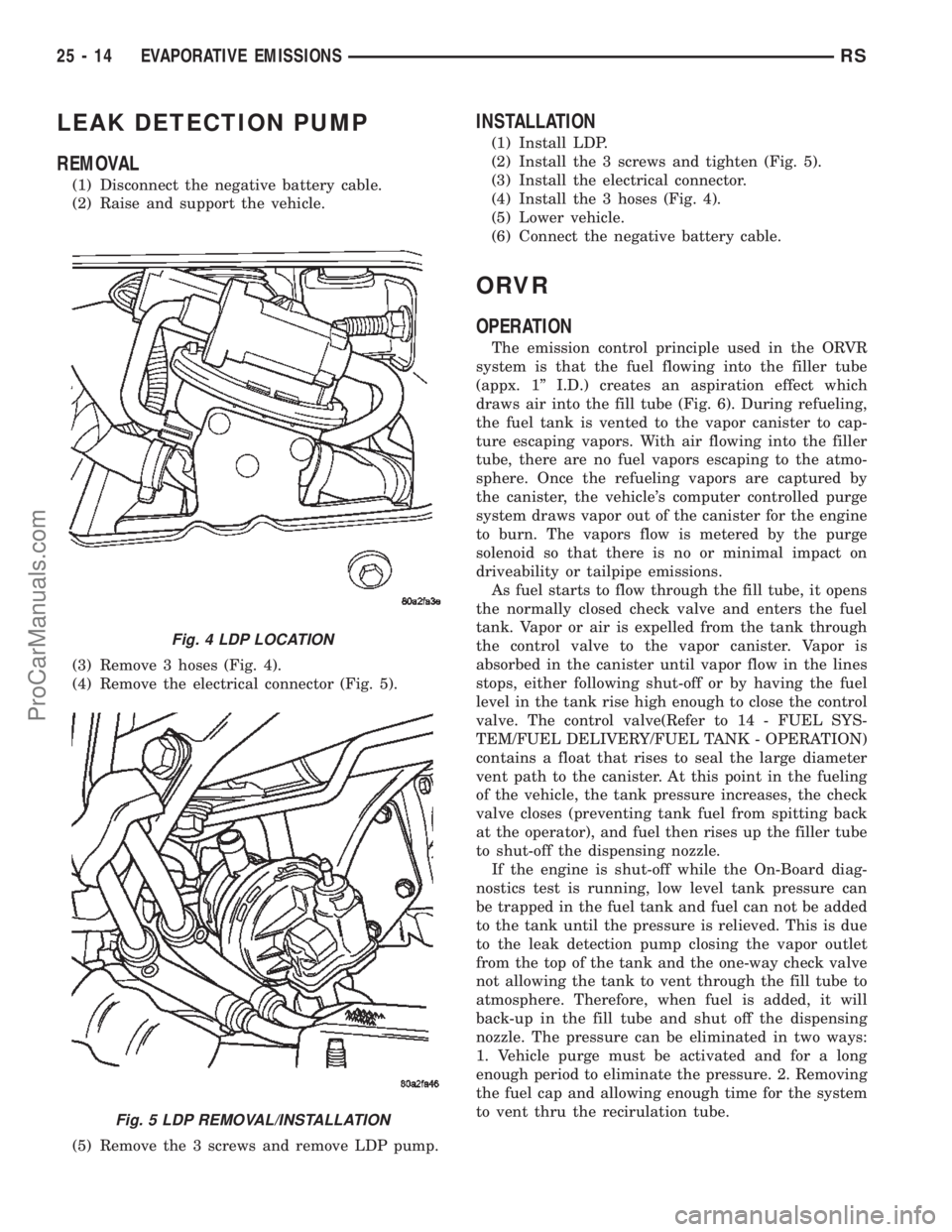 DODGE TOWN AND COUNTRY 2002  Service Manual LEAK DETECTION PUMP
REMOVAL
(1) Disconnect the negative battery cable.
(2) Raise and support the vehicle.
(3) Remove 3 hoses (Fig. 4).
(4) Remove the electrical connector (Fig. 5).
(5) Remove the 3 sc