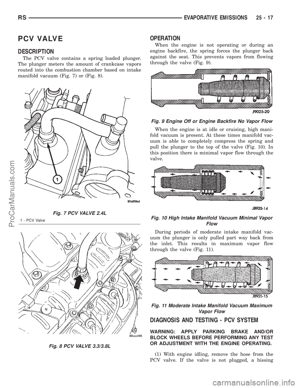 DODGE TOWN AND COUNTRY 2002  Service Manual PCV VALVE
DESCRIPTION
The PCV valve contains a spring loaded plunger.
The plunger meters the amount of crankcase vapors
routed into the combustion chamber based on intake
manifold vacuum (Fig. 7) or (