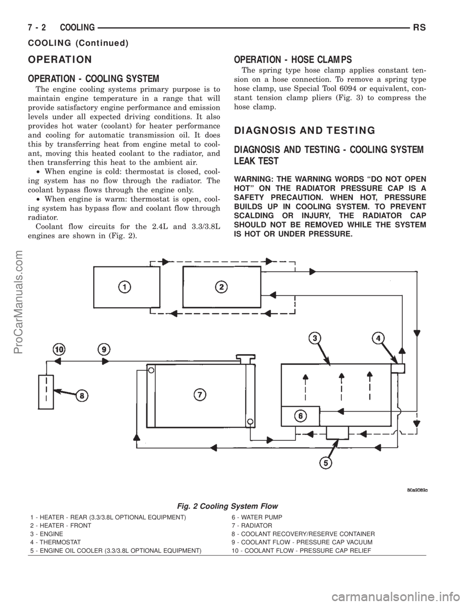 DODGE TOWN AND COUNTRY 2002  Service Manual OPERATION
OPERATION - COOLING SYSTEM
The engine cooling systems primary purpose is to
maintain engine temperature in a range that will
provide satisfactory engine performance and emission
levels under