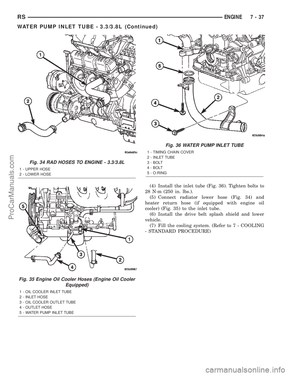 DODGE TOWN AND COUNTRY 2002  Service Manual (4) Install the inlet tube (Fig. 36). Tighten bolts to
28 N´m (250 in. lbs.).
(5) Connect radiator lower hose (Fig. 34) and
heater return hose (if equipped with engine oil
cooler) (Fig. 35) to the in