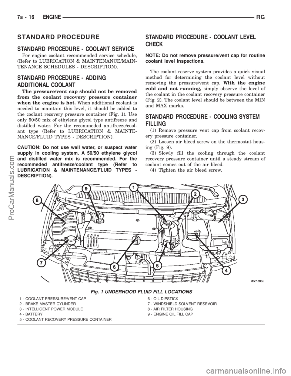 DODGE TOWN AND COUNTRY 2002  Service Manual STANDARD PROCEDURE
STANDARD PROCEDURE - COOLANT SERVICE
For engine coolant recommended service schedule,
(Refer to LUBRICATION & MAINTENANCE/MAIN-
TENANCE SCHEDULES - DESCRIPTION).
STANDARD PROCEDURE 