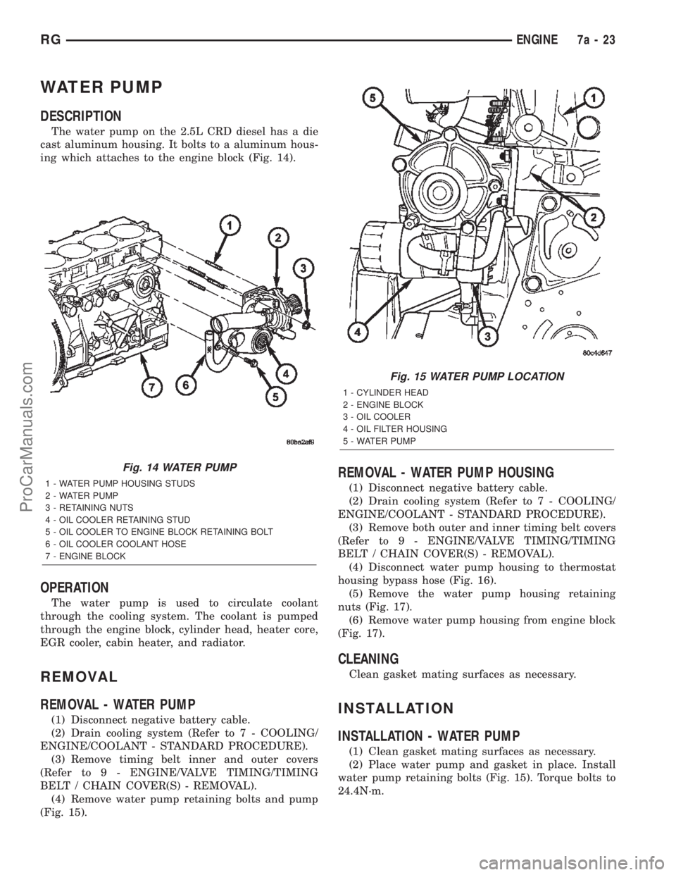 DODGE TOWN AND COUNTRY 2002  Service Manual WATER PUMP
DESCRIPTION
The water pump on the 2.5L CRD diesel has a die
cast aluminum housing. It bolts to a aluminum hous-
ing which attaches to the engine block (Fig. 14).
OPERATION
The water pump is