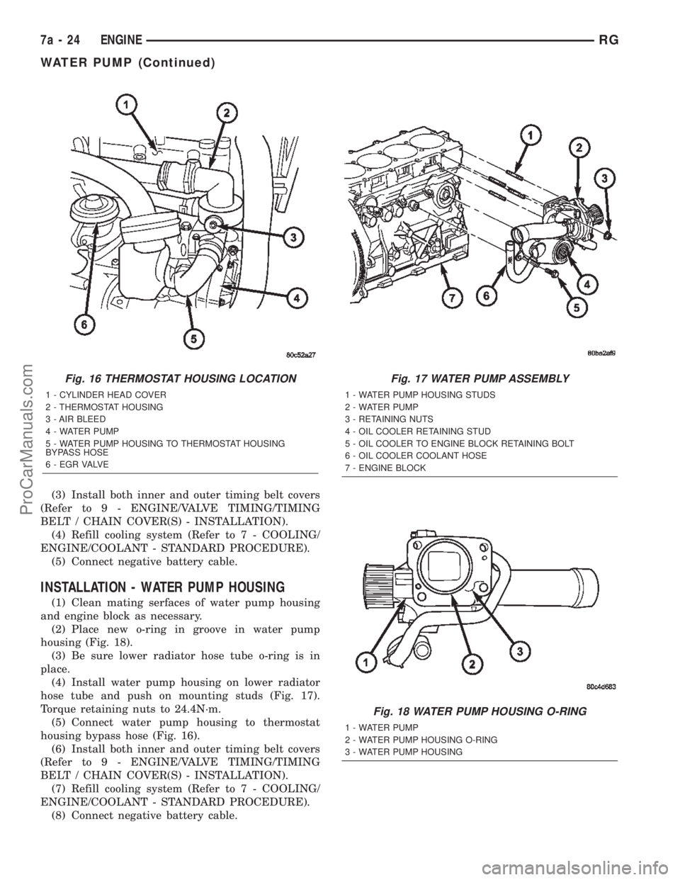 DODGE TOWN AND COUNTRY 2002  Service Manual (3) Install both inner and outer timing belt covers
(Refer to 9 - ENGINE/VALVE TIMING/TIMING
BELT / CHAIN COVER(S) - INSTALLATION).
(4) Refill cooling system (Refer to 7 - COOLING/
ENGINE/COOLANT - ST